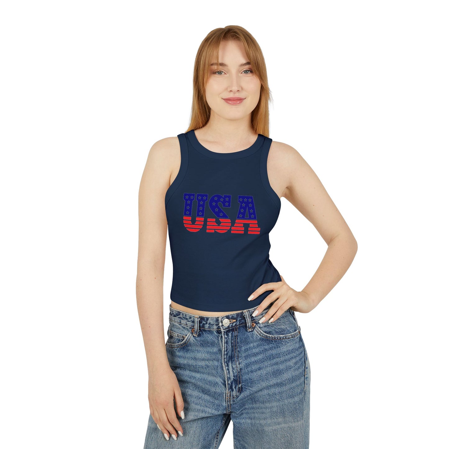 Princess Grace USA Flag Women's Micro Rib Racer Tank Top Patriotic Summer Wear