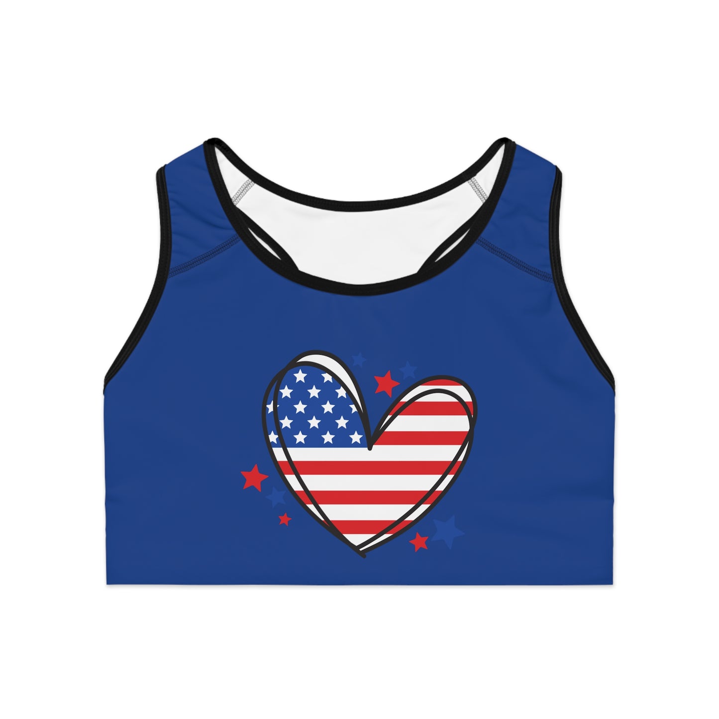 Princess Grace Patriotic Heart Sports Bra USA Flag Design for Activewear