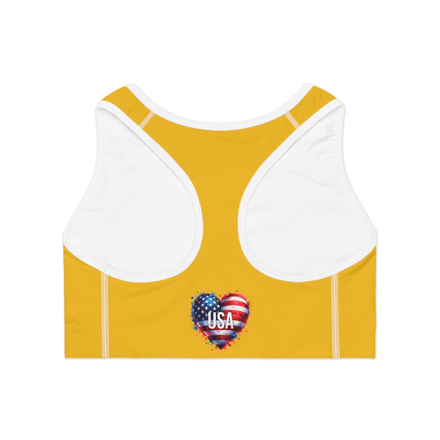 Princess Grace USA Heart Sports Bra Yellow Activewear for Patriotic Fitness Enthusiasts