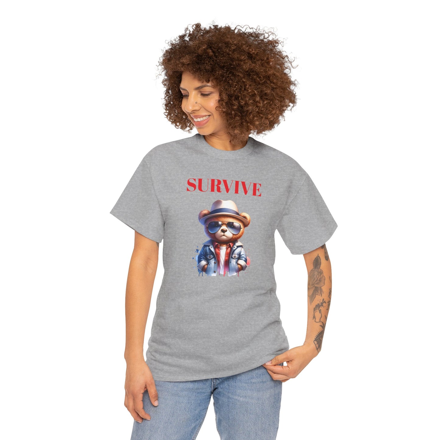 Princess Grace Survive Bear Unisex Heavy Cotton Tee Fun Graphic T-Shirt for Casual Wear