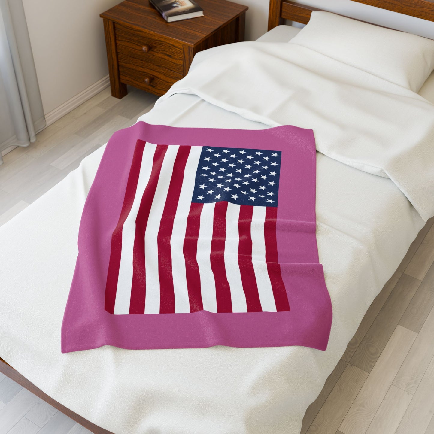 Princess Grace Cozy USA Flag Velveteen Plush Blanket Pink and White