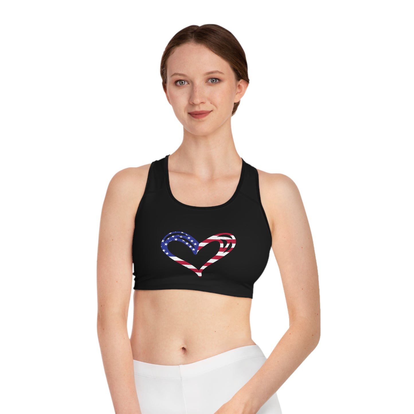 Princess Grace Patriotic Heart Sports Bra USA Flag Design for Active Lifestyle