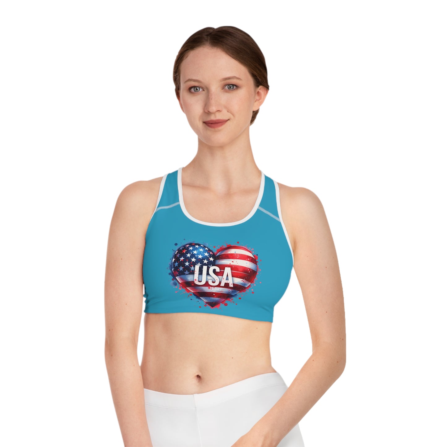 Princess Grace USA Heart Sports Bra Patriotic Activewear for Fitness & Holidays