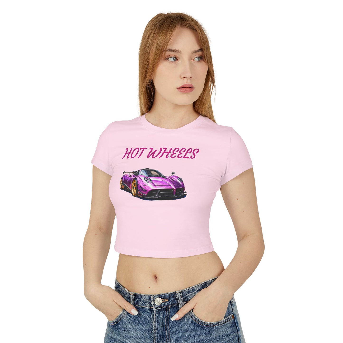 Princess Grace Women's Hot Wheels Baby Tee Cute Pink Race Car Graphic T-Shirt