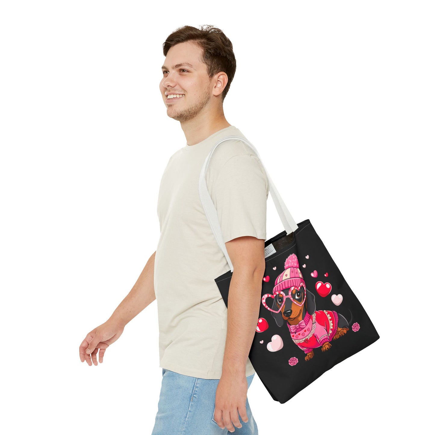 Princess Grace Cute Dog Lover Tote Bag Adorable Valentines Gift with Heart and Pink Sweater Design