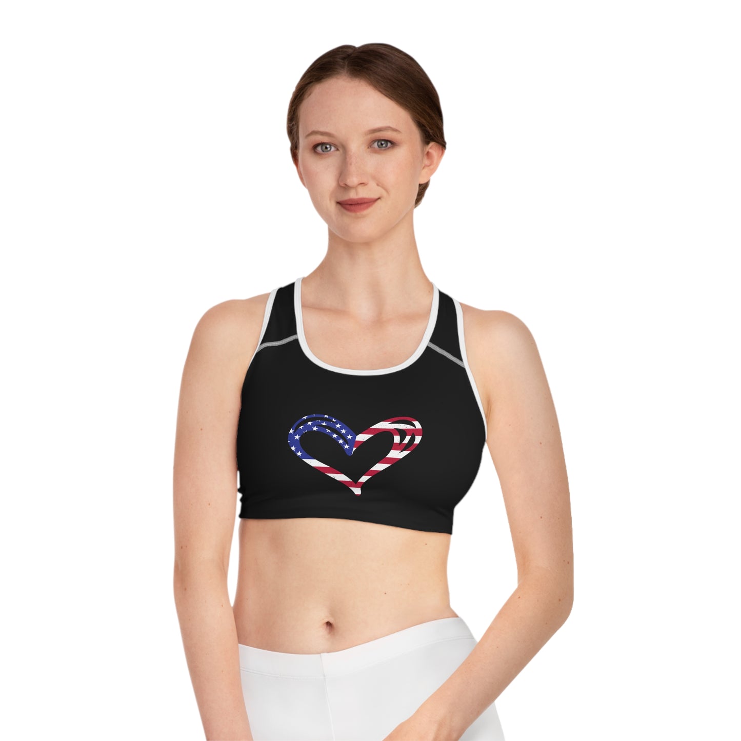 Princess Grace Patriotic Heart Sports Bra USA Flag Design for Active Lifestyle