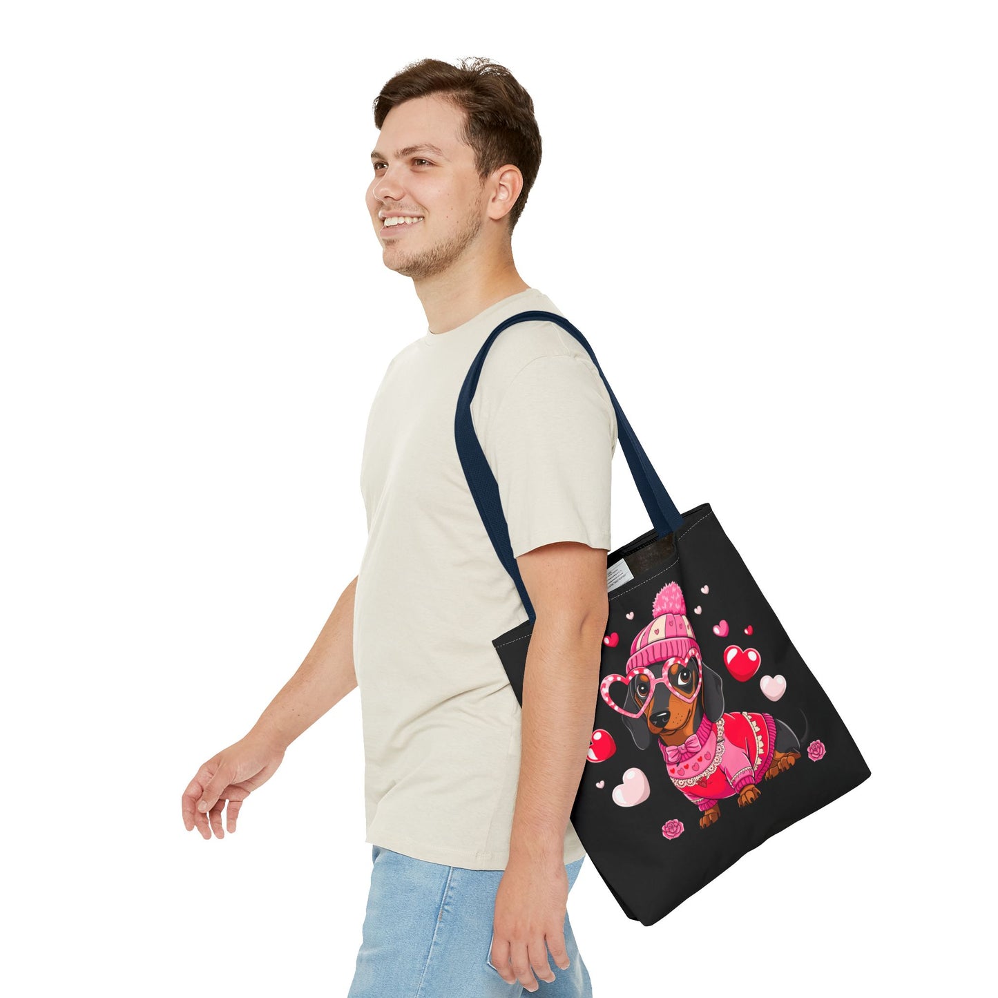 Princess Grace Cute Dog Lover Tote Bag Adorable Valentines Gift with Heart and Pink Sweater Design