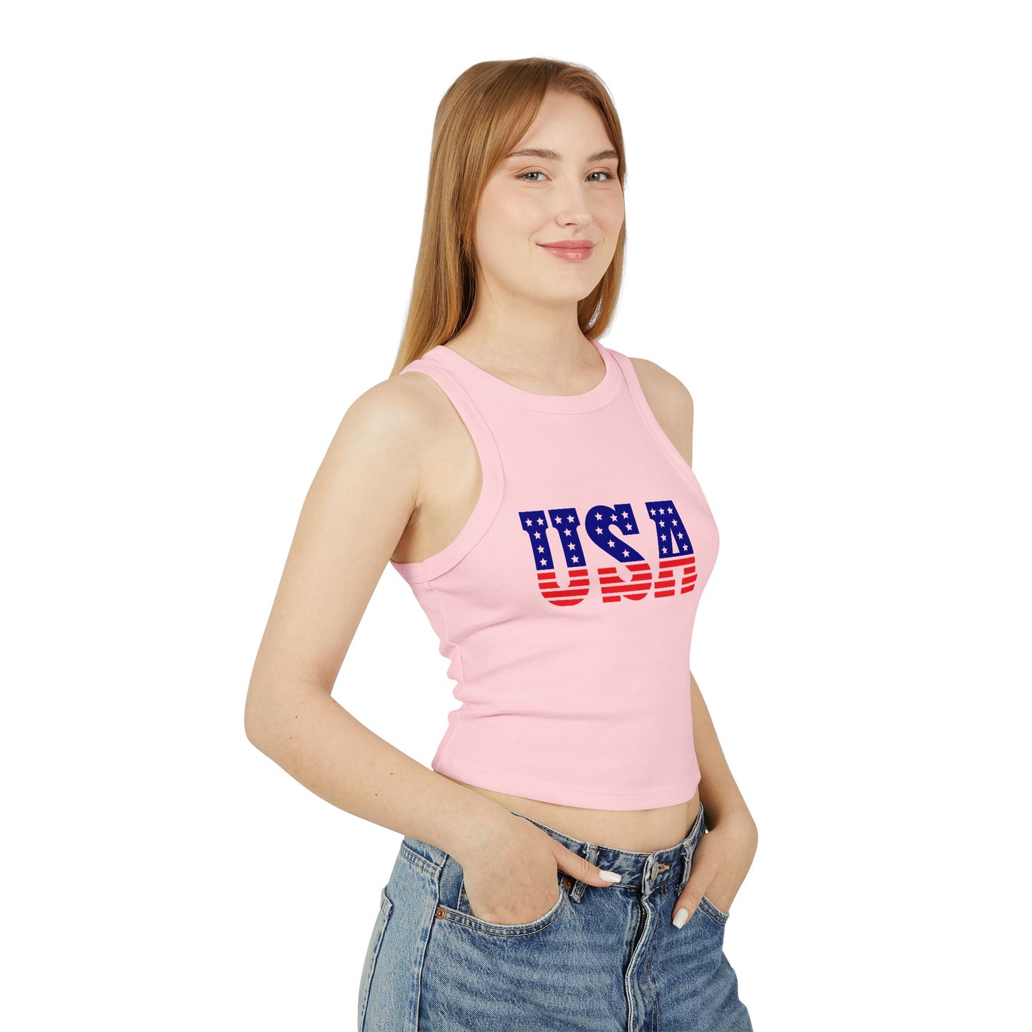 Princess Grace USA Flag Women's Micro Rib Racer Tank Top Patriotic Summer Wear
