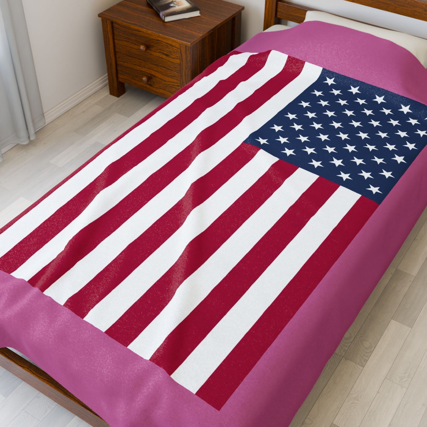 Princess Grace Cozy USA Flag Velveteen Plush Blanket Pink and White