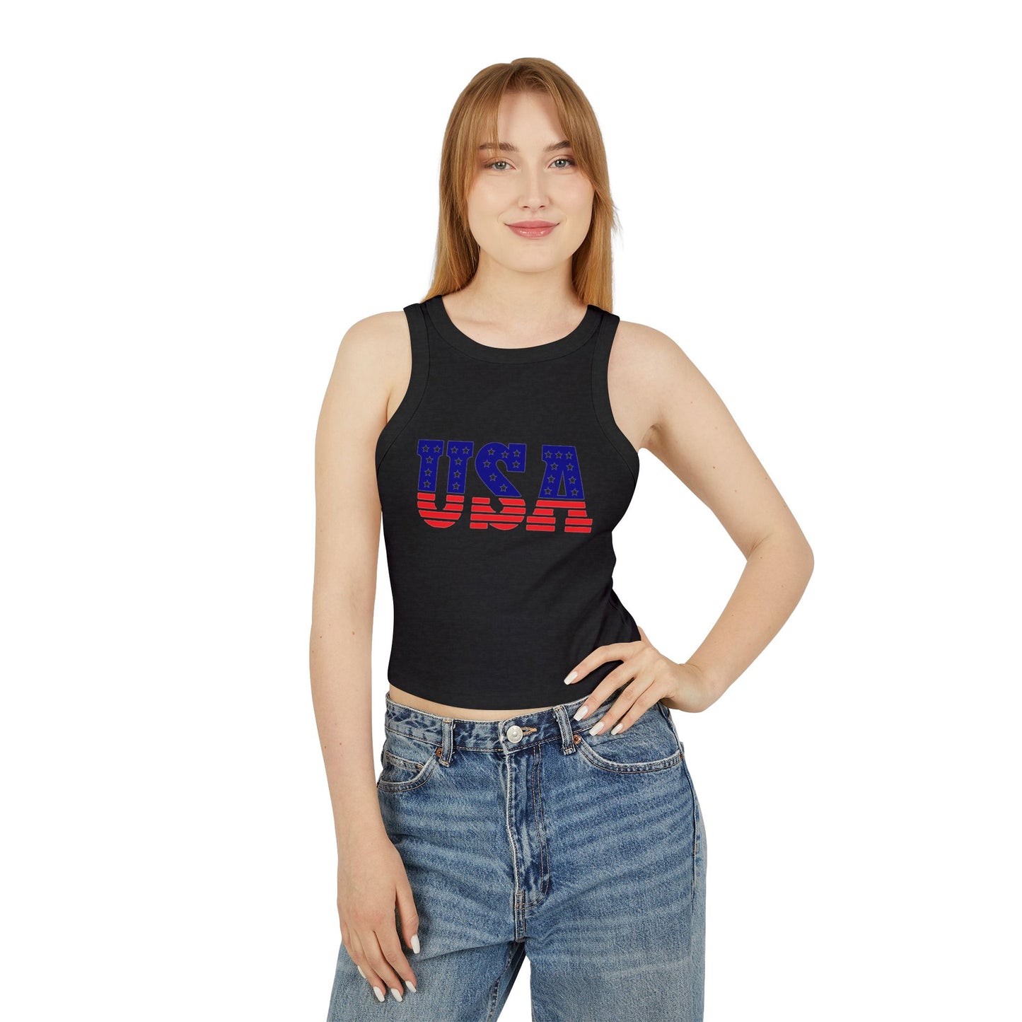 Princess Grace USA Flag Women's Micro Rib Racer Tank Top Patriotic Summer Wear