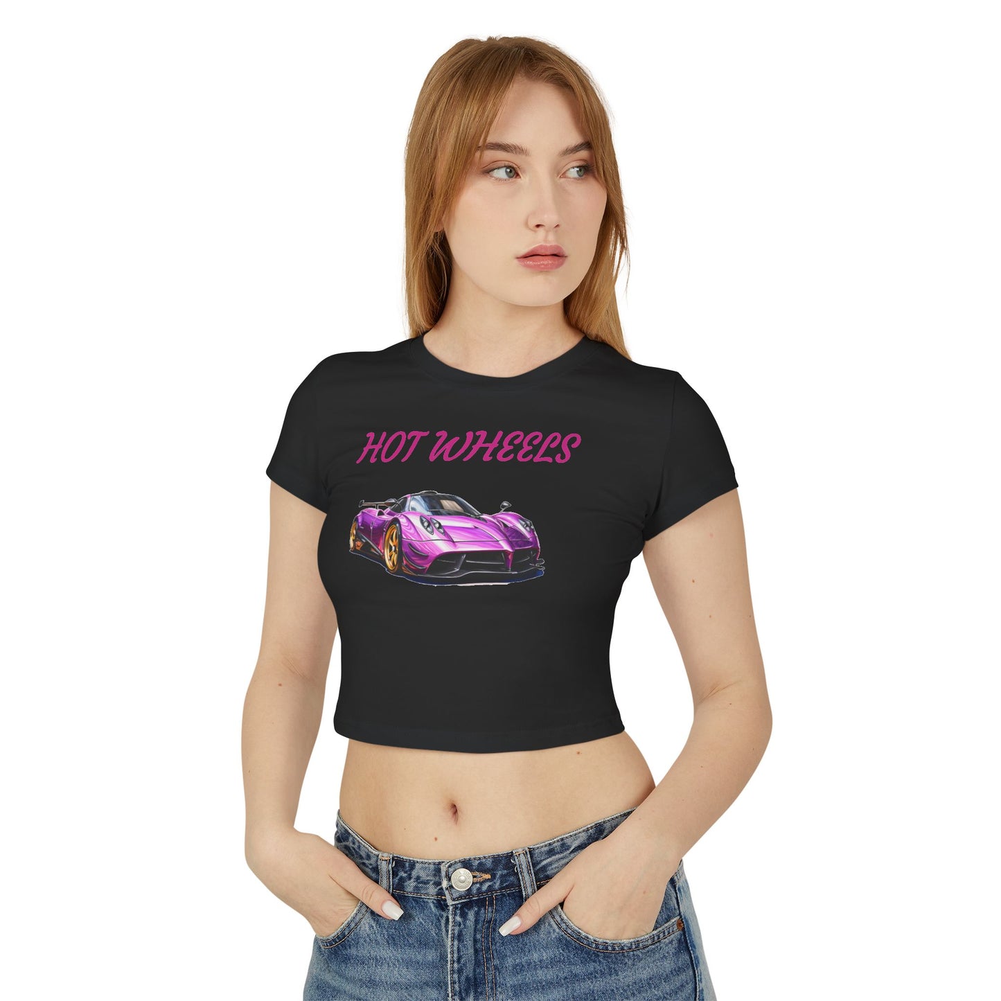 Princess Grace Women's Hot Wheels Baby Tee Cute Pink Race Car Graphic T-Shirt