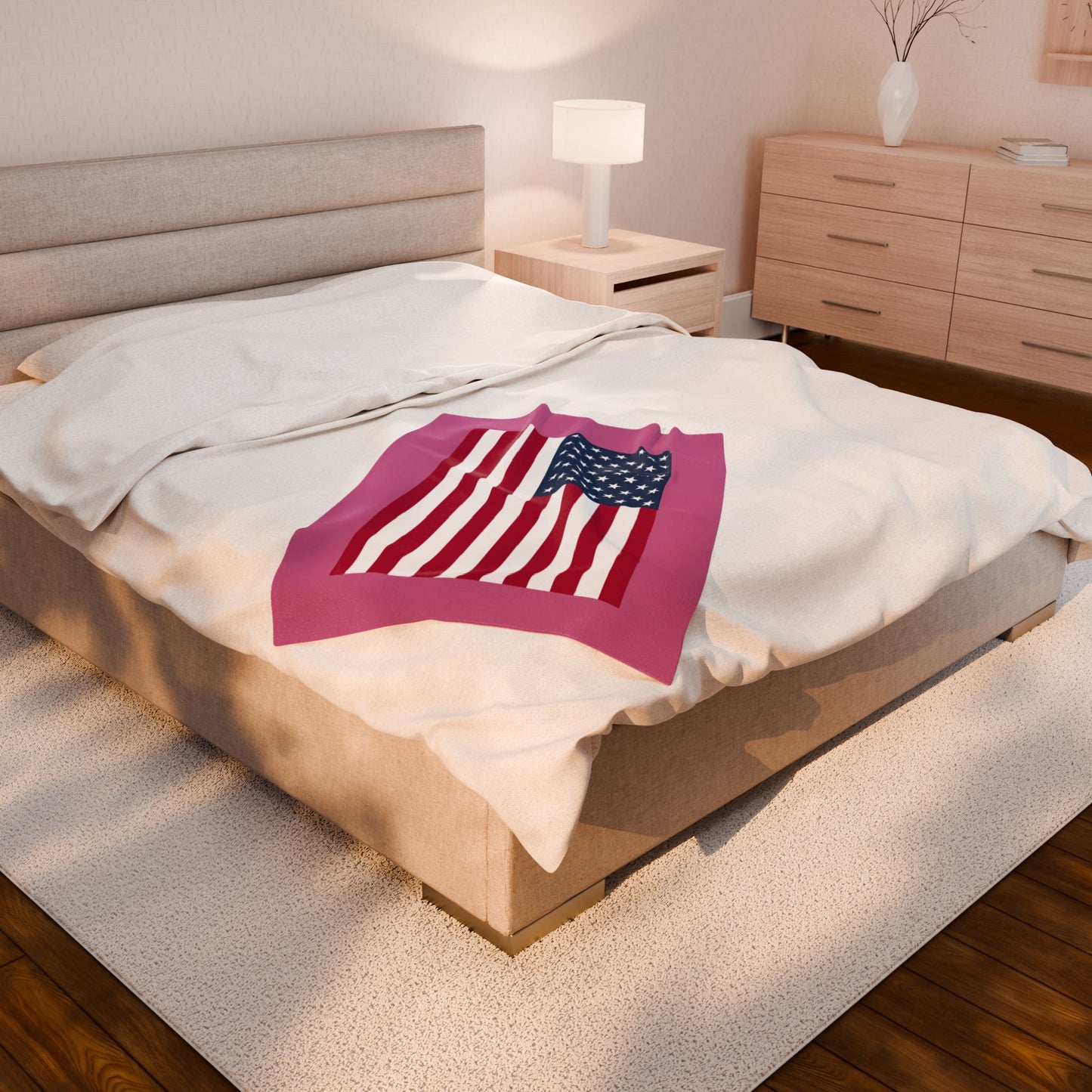 Princess Grace Cozy USA Flag Velveteen Plush Blanket Pink and White