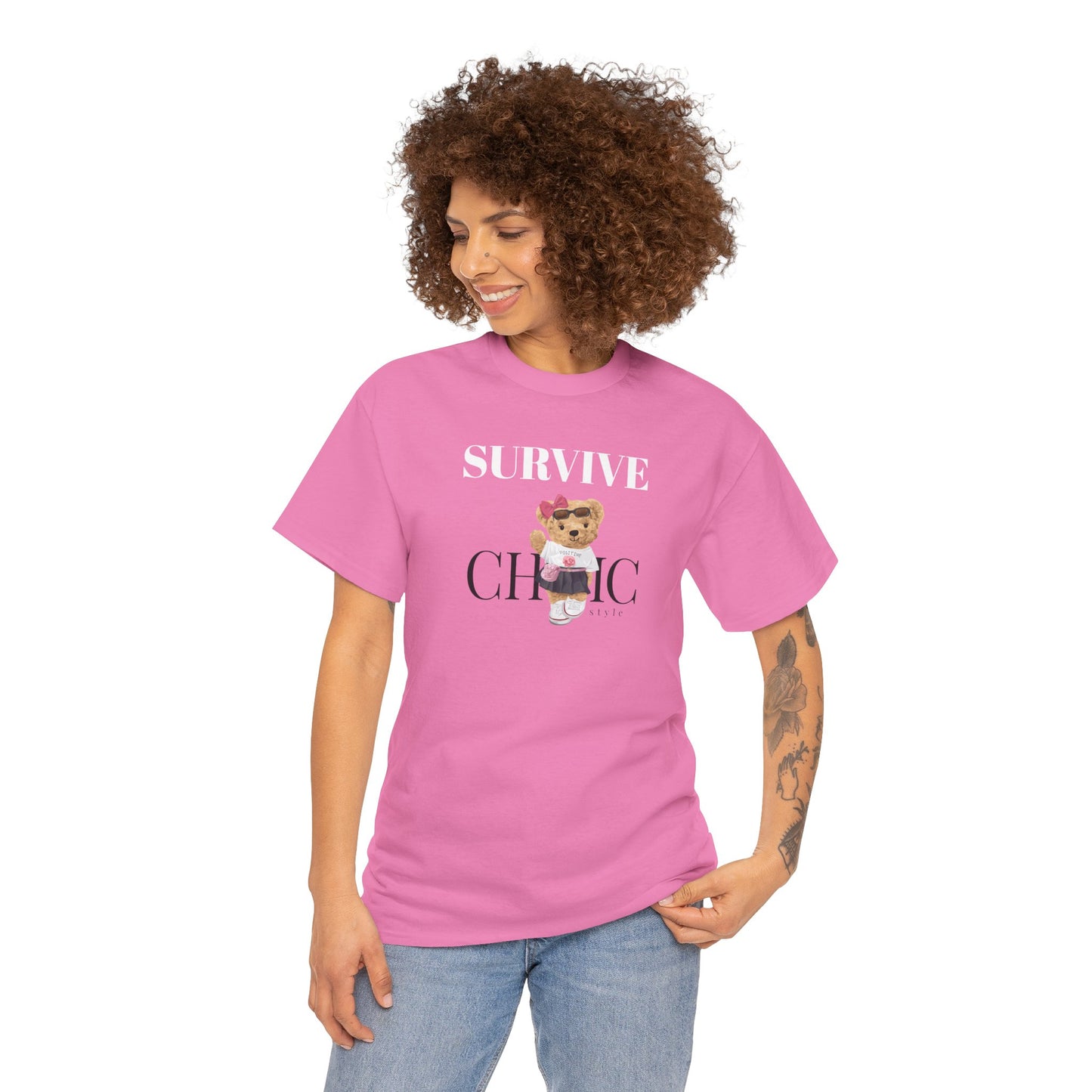 Princess Grace Survive Chic Unisex Heavy Cotton Tee Cute Bear Graphic T-Shirt for Casual Style