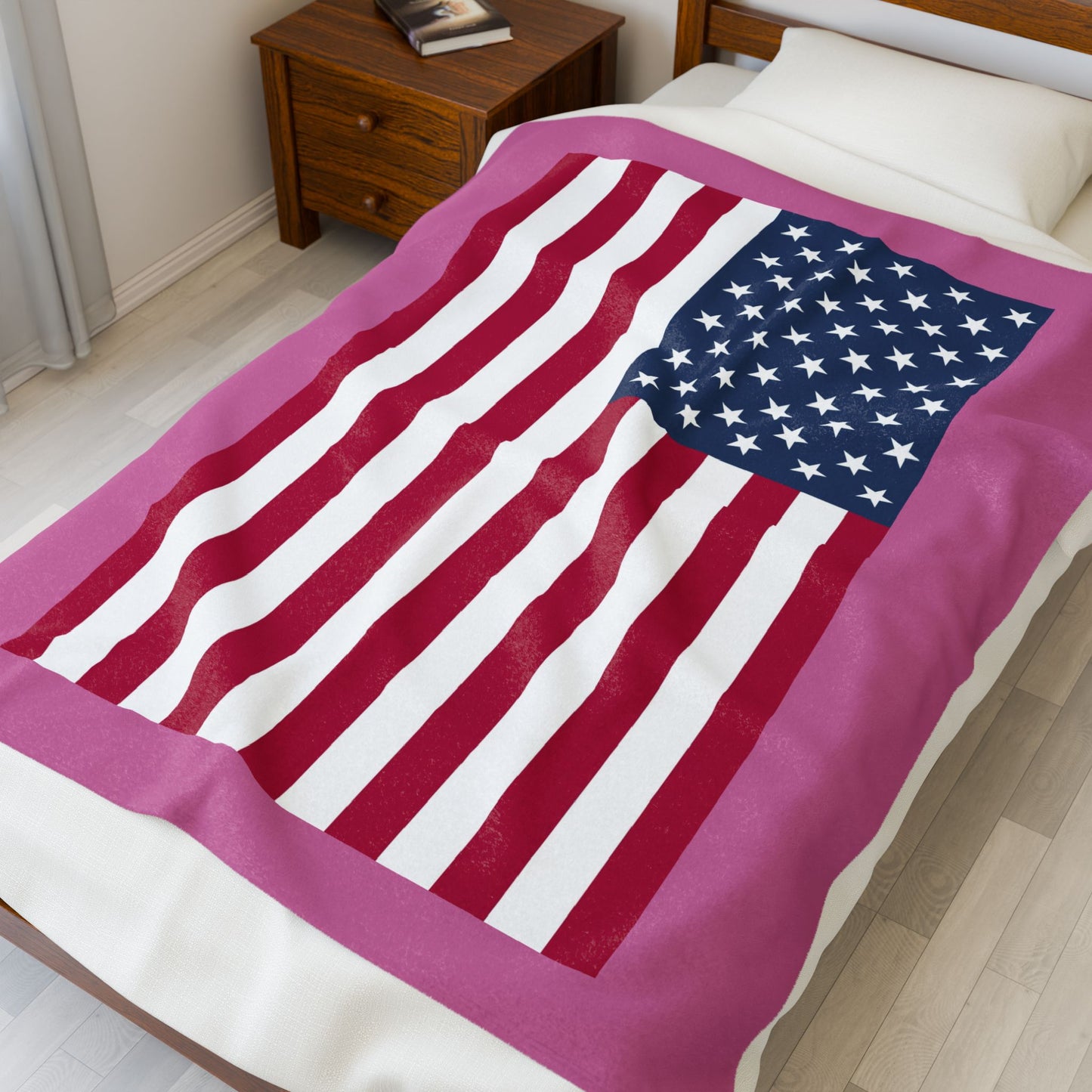 Princess Grace Cozy USA Flag Velveteen Plush Blanket Pink and White