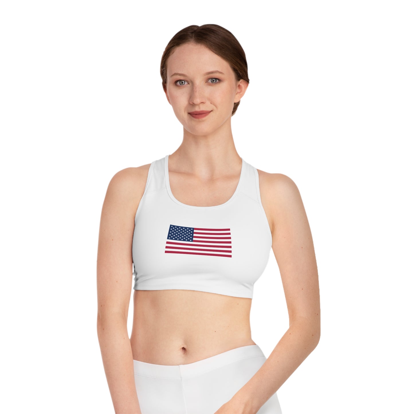 Princess Grace Patriotic Sports Bra with American Flag Print
