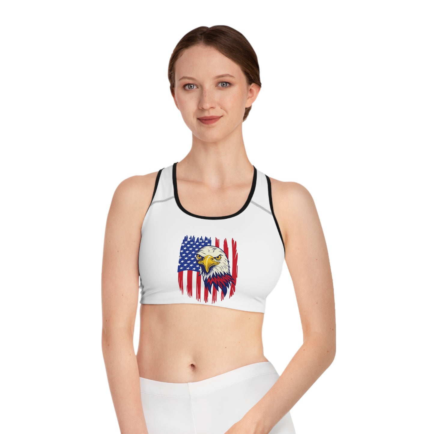 Princess Grace Patriotic Eagle Sports Bra USA Flag Design, Perfect for Workouts and Celebrations