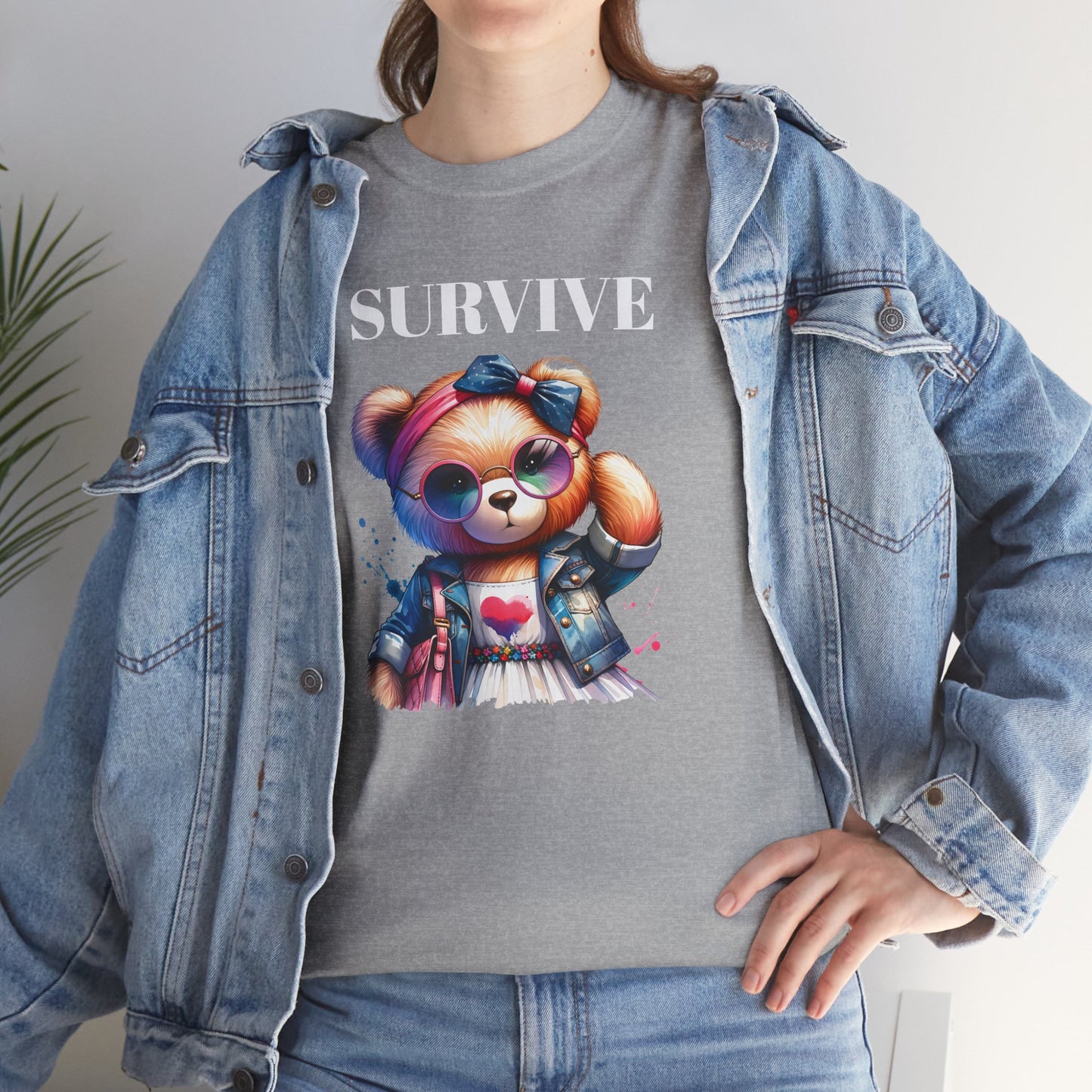 Princess Grace Survive Bear Unisex Heavy Cotton Tee Cute Graphic Tee for Casual Adventures