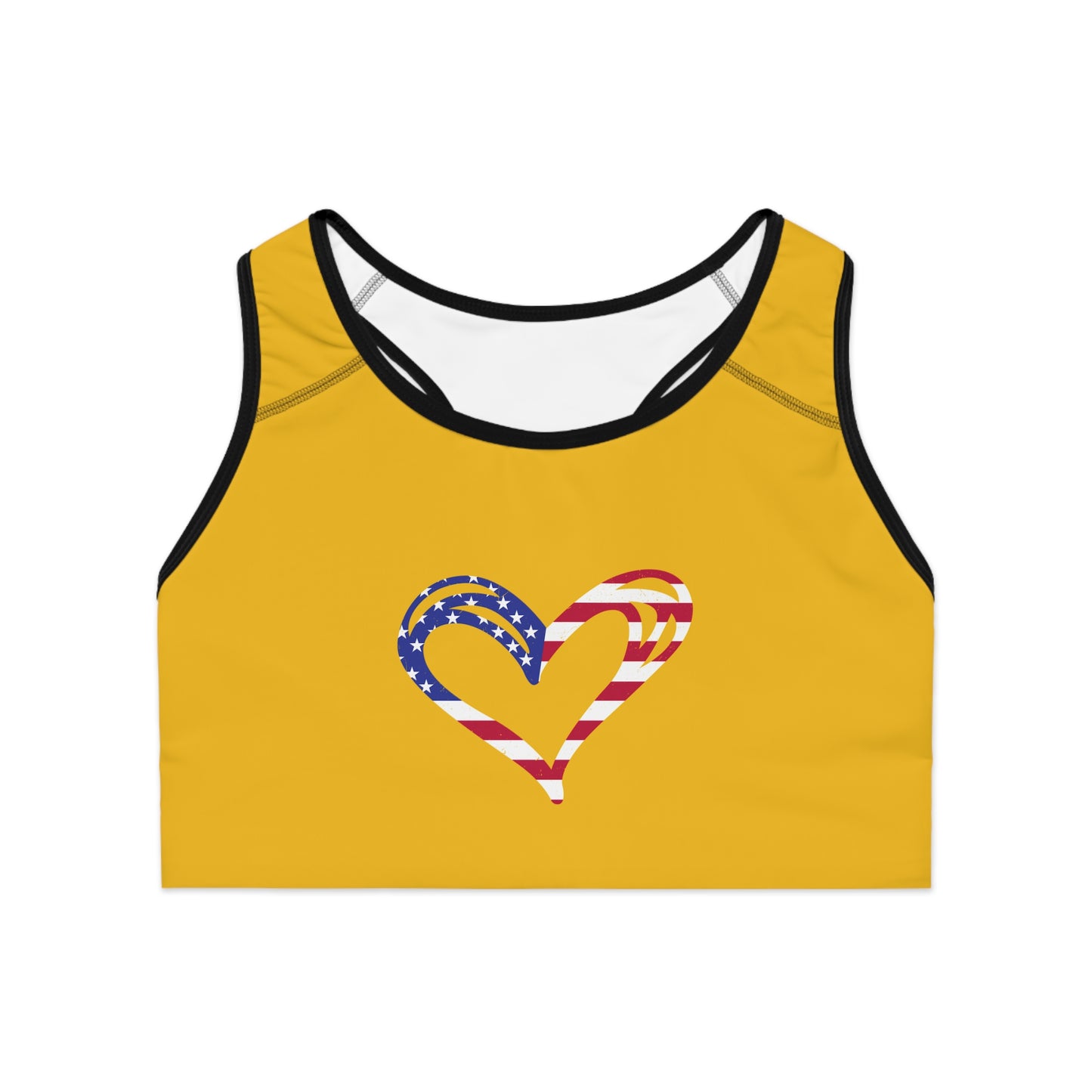 Princess Grace Patriotic Heart Sports Bra Yellow Fitness Top for Active Women