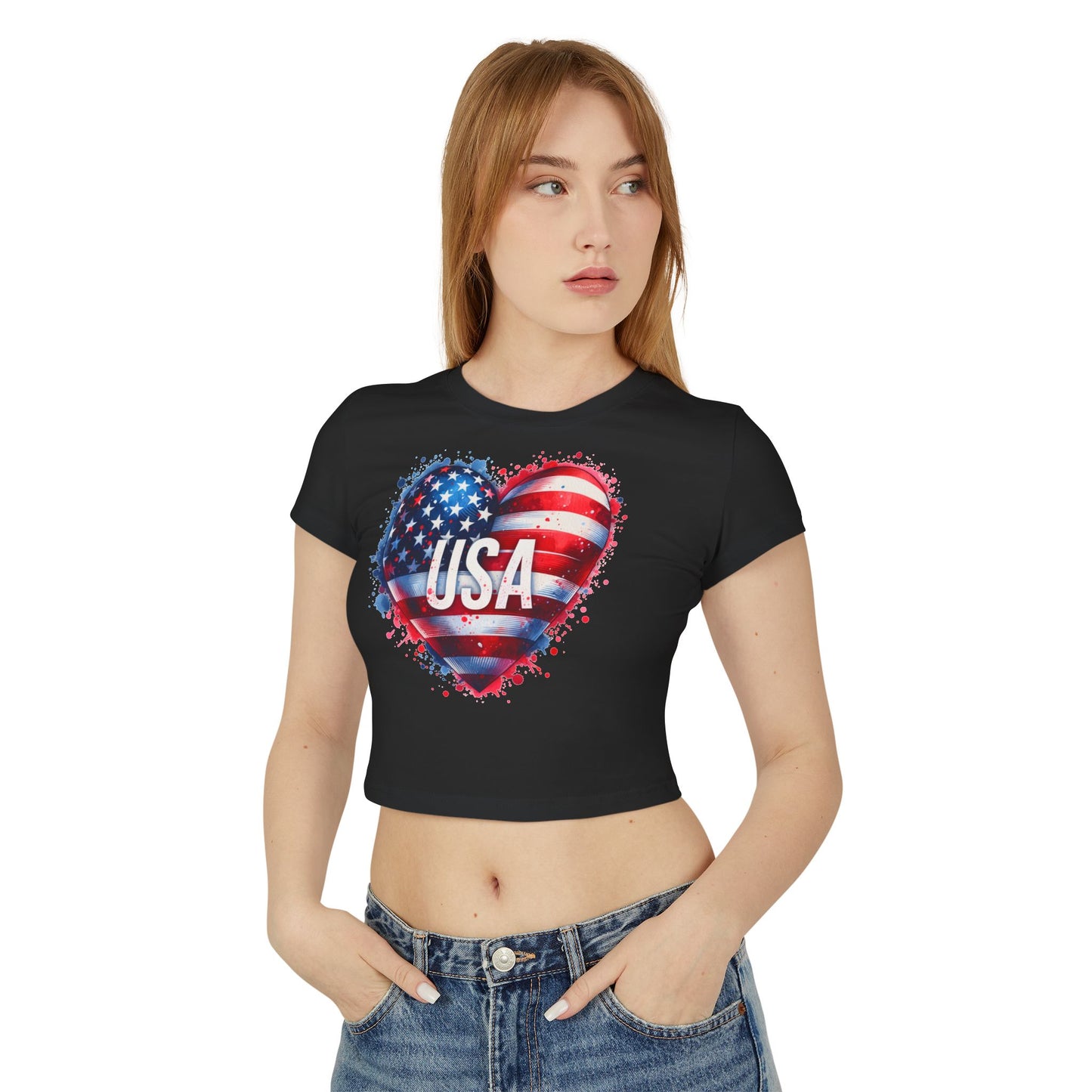 Princess Grace USA Heart Women's Baby Tee Patriotic Crop Top for Independence Day