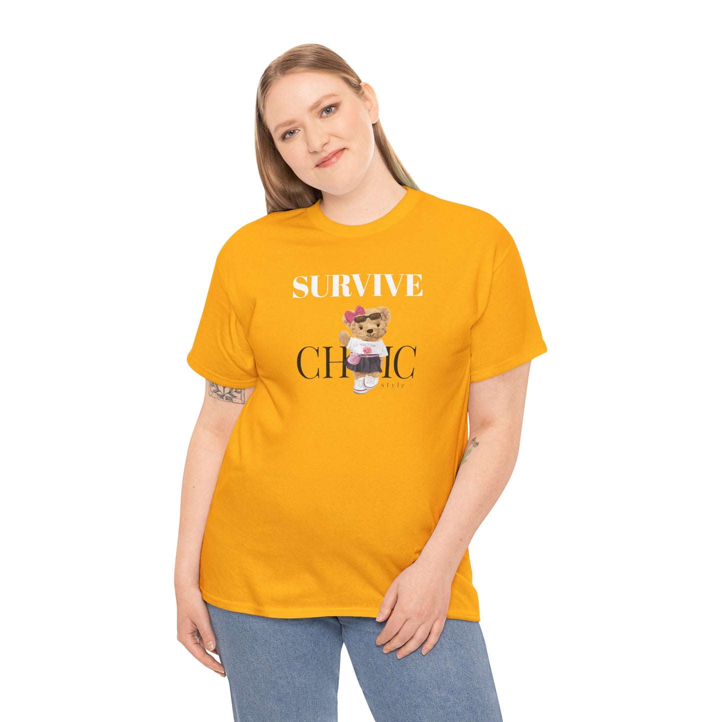 Princess Grace Survive Chic Unisex Heavy Cotton Tee Cute Bear Graphic T-Shirt for Casual Style