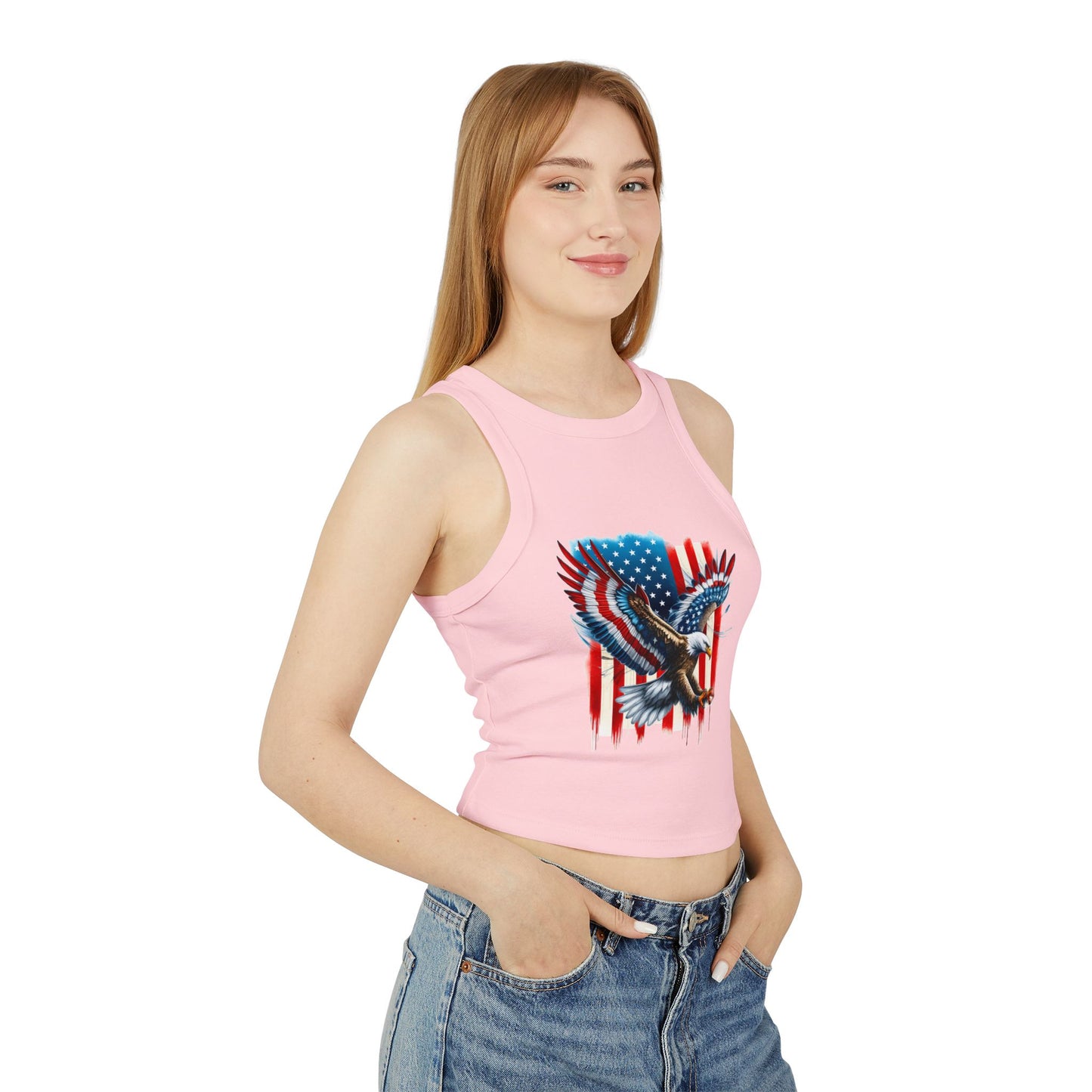 Princess Grace Patriotic Women's Micro Rib Racer Tank Top with Eagle & USA Design