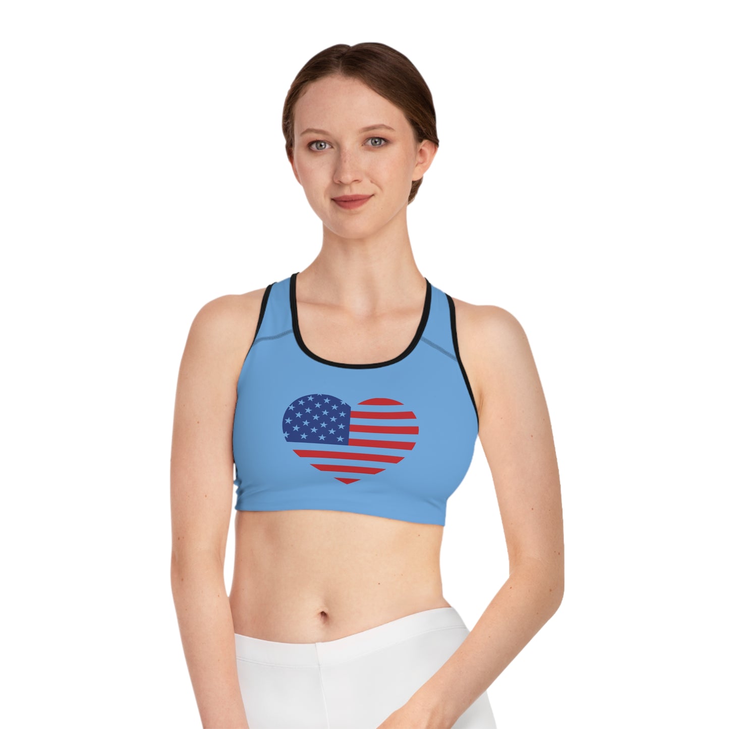 Princess Grace Patriotic Heart Sports Bra USA Flag Design for Active Women