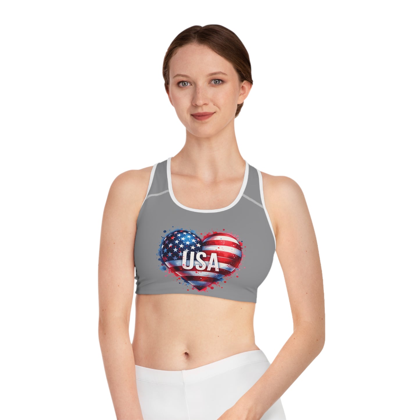 Princess Grace USA Heart Sports Bra Patriotic Activewear for Fitness Enthusiasts