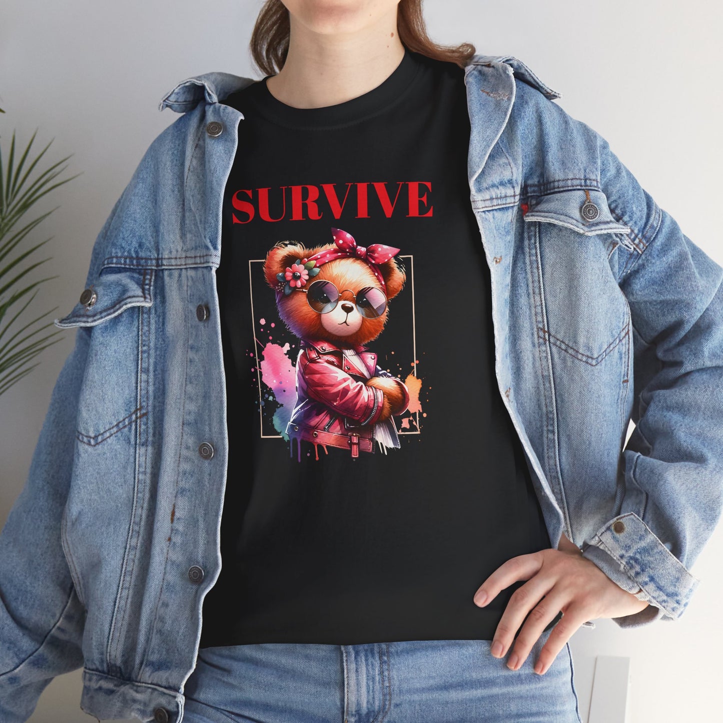 Princess Grace Survive Bear Unisex Heavy Cotton Tee Trendy Graphic T-Shirt for Casual Style