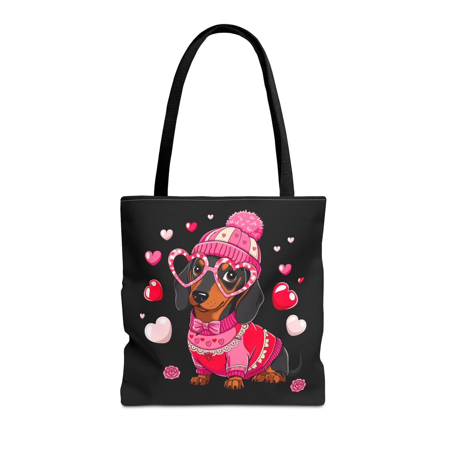 Princess Grace Cute Dog Lover Tote Bag Adorable Valentines Gift with Heart and Pink Sweater Design