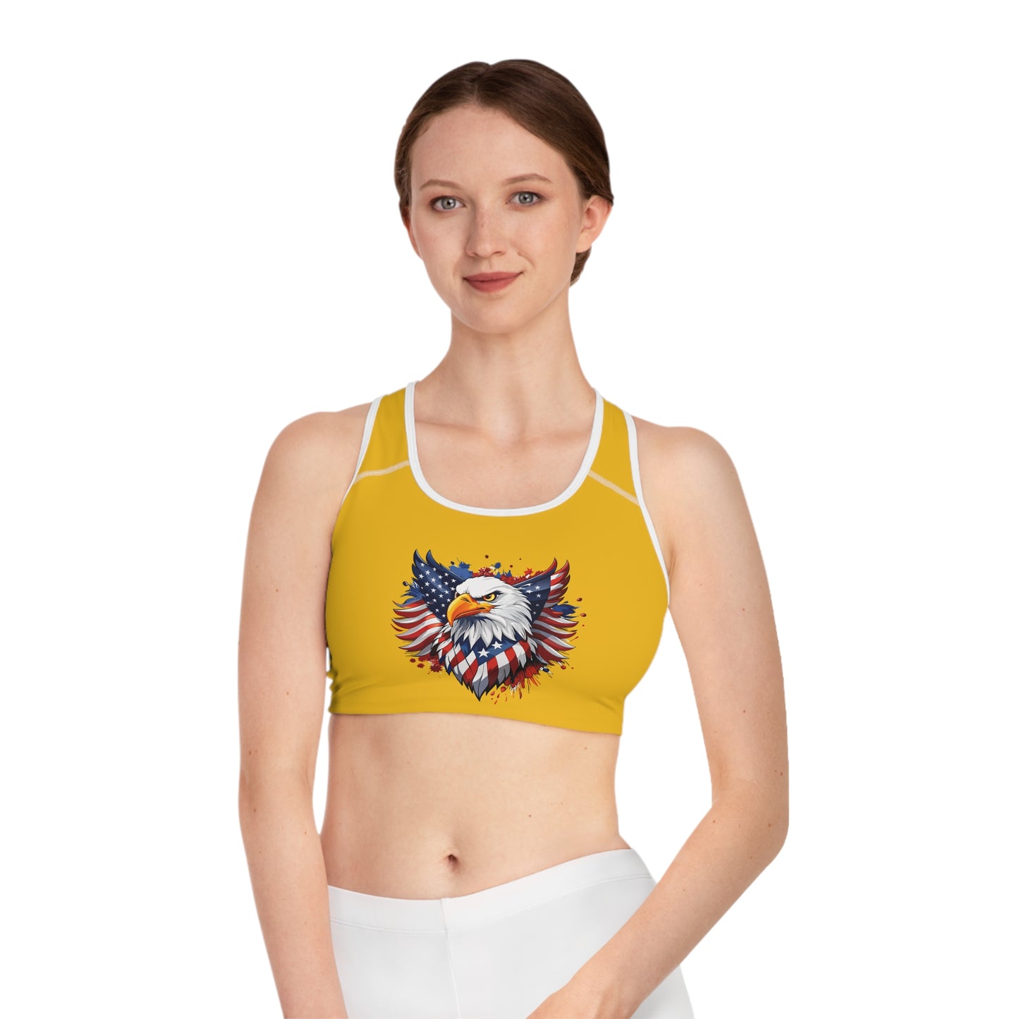 Princess Grace Eagle Pride Sports Bra with American Flag Design