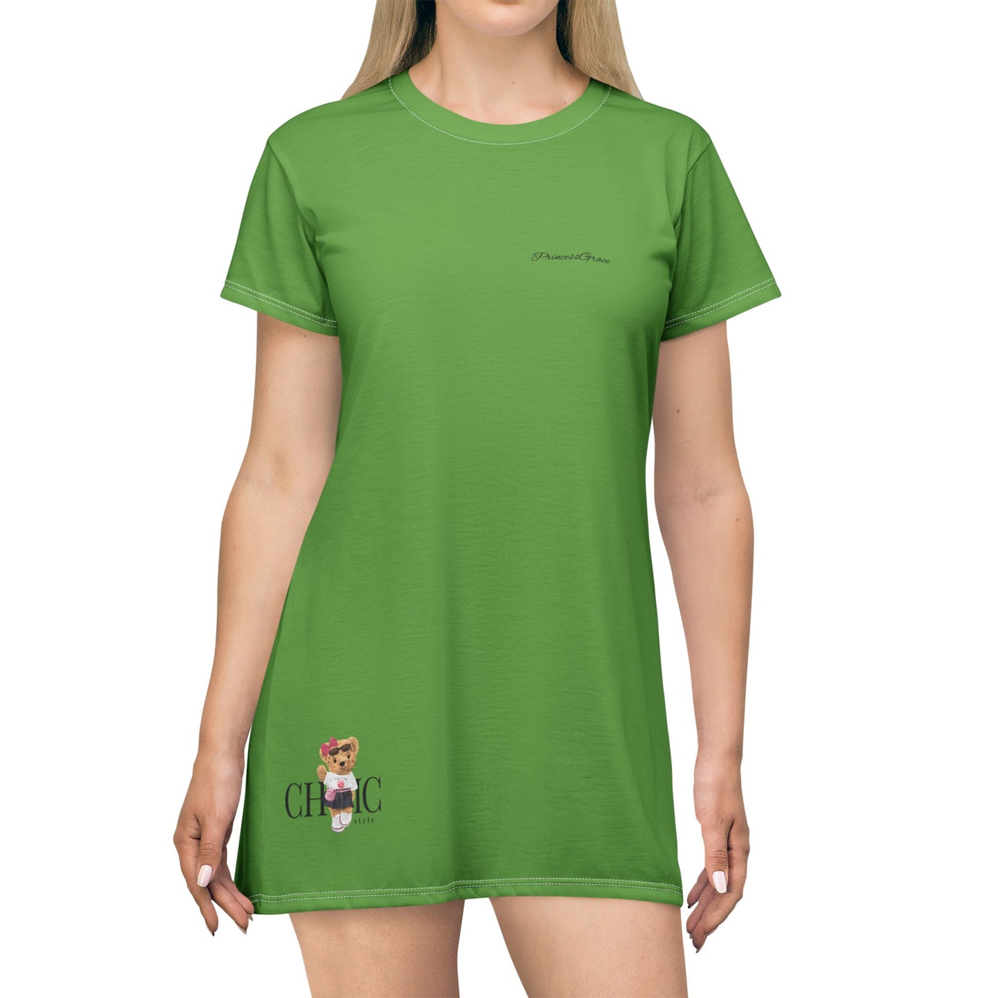 Princess Grace Chic Cute Green T-Shirt Dress for Casual Outings & Summer Fun