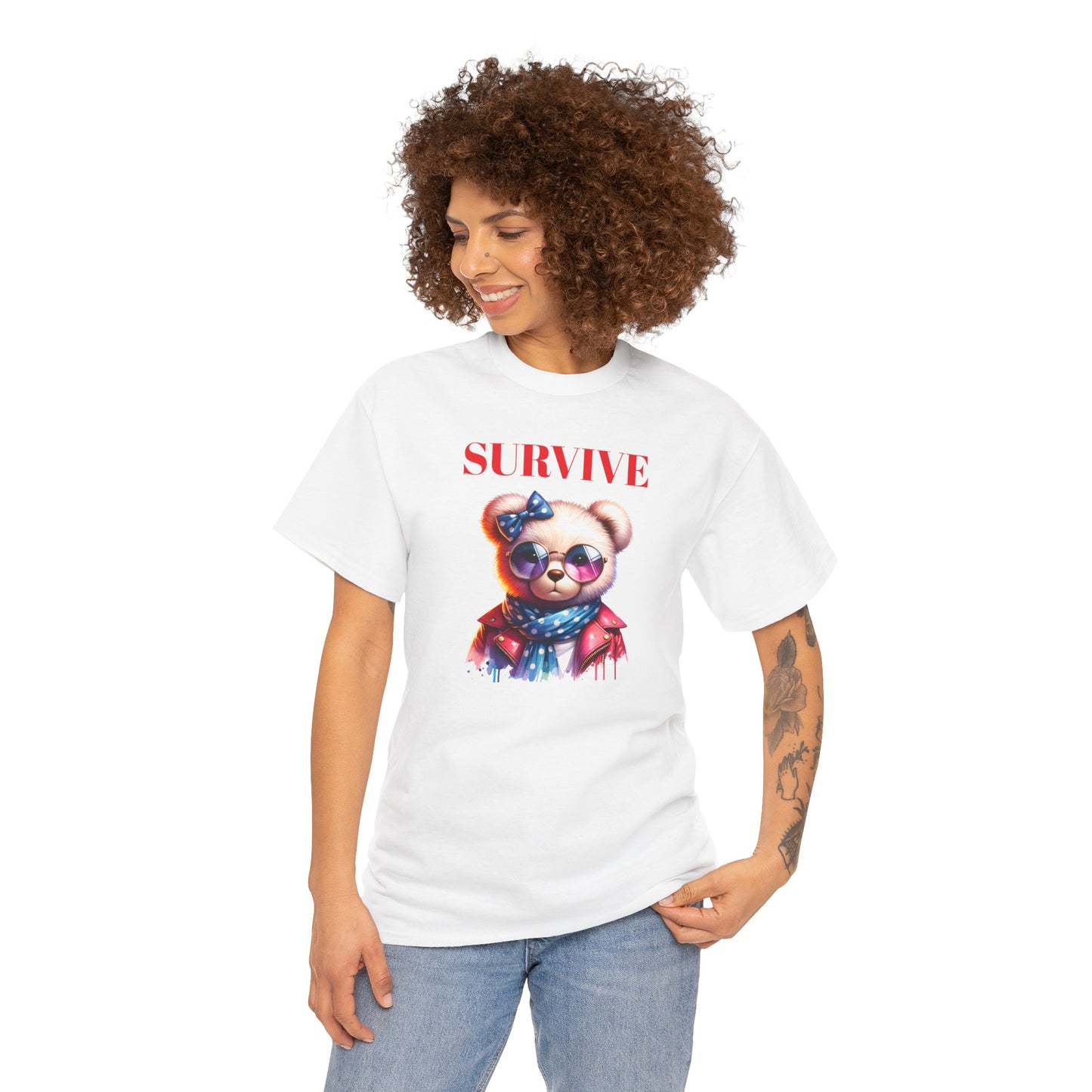 Princess Grace Survive Bear Unisex Heavy Cotton Tee Trendy Graphic Shirt for Casual Wear