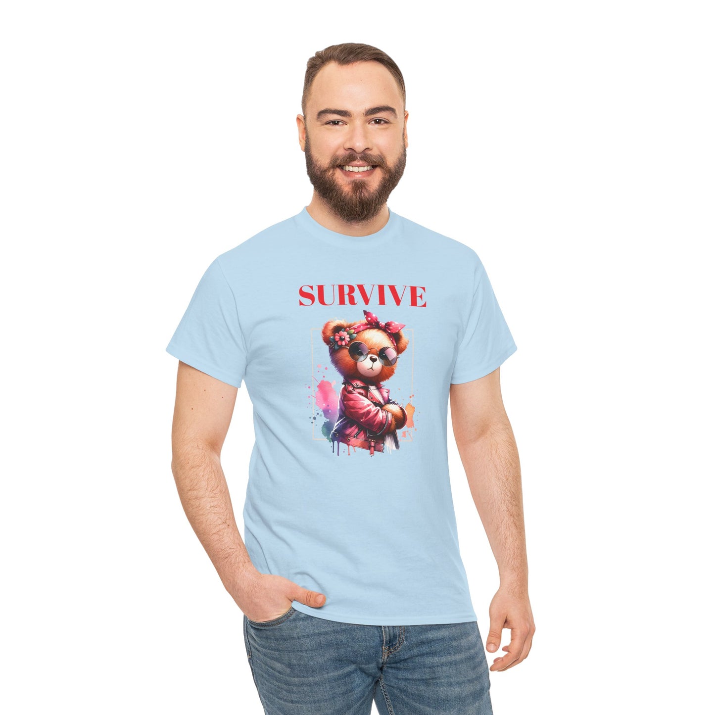 Princess Grace Survive Bear Unisex Heavy Cotton Tee Trendy Graphic T-Shirt for Casual Style