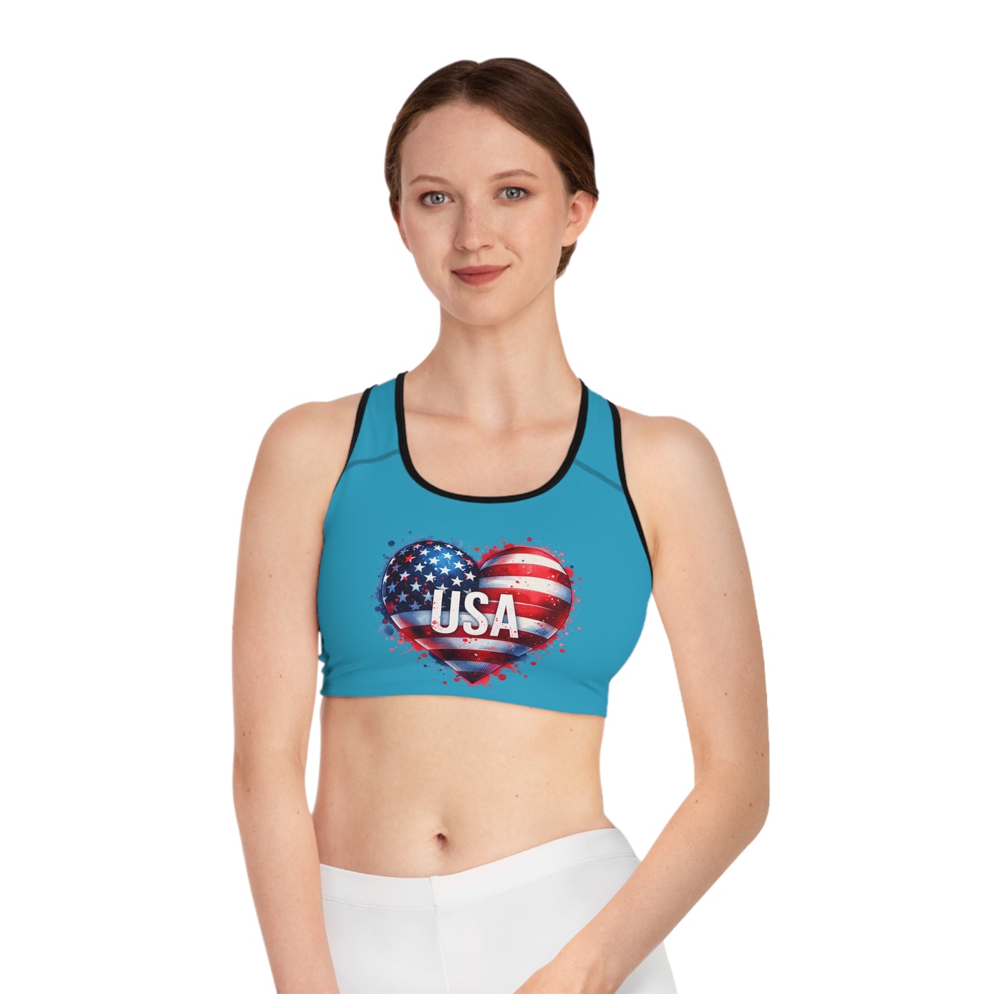 Princess Grace USA Heart Sports Bra Patriotic Activewear for Fitness & Holidays