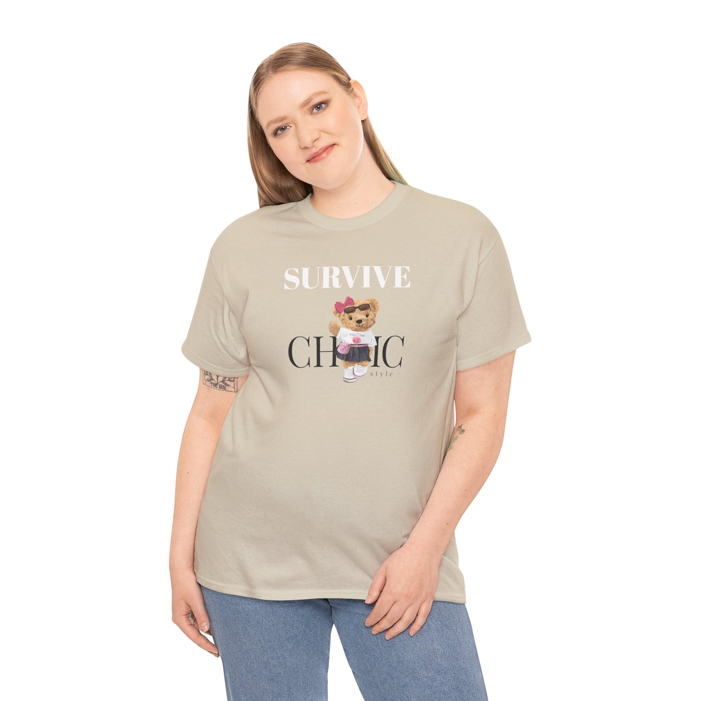 Princess Grace Survive Chic Unisex Heavy Cotton Tee Cute Bear Graphic T-Shirt for Casual Style