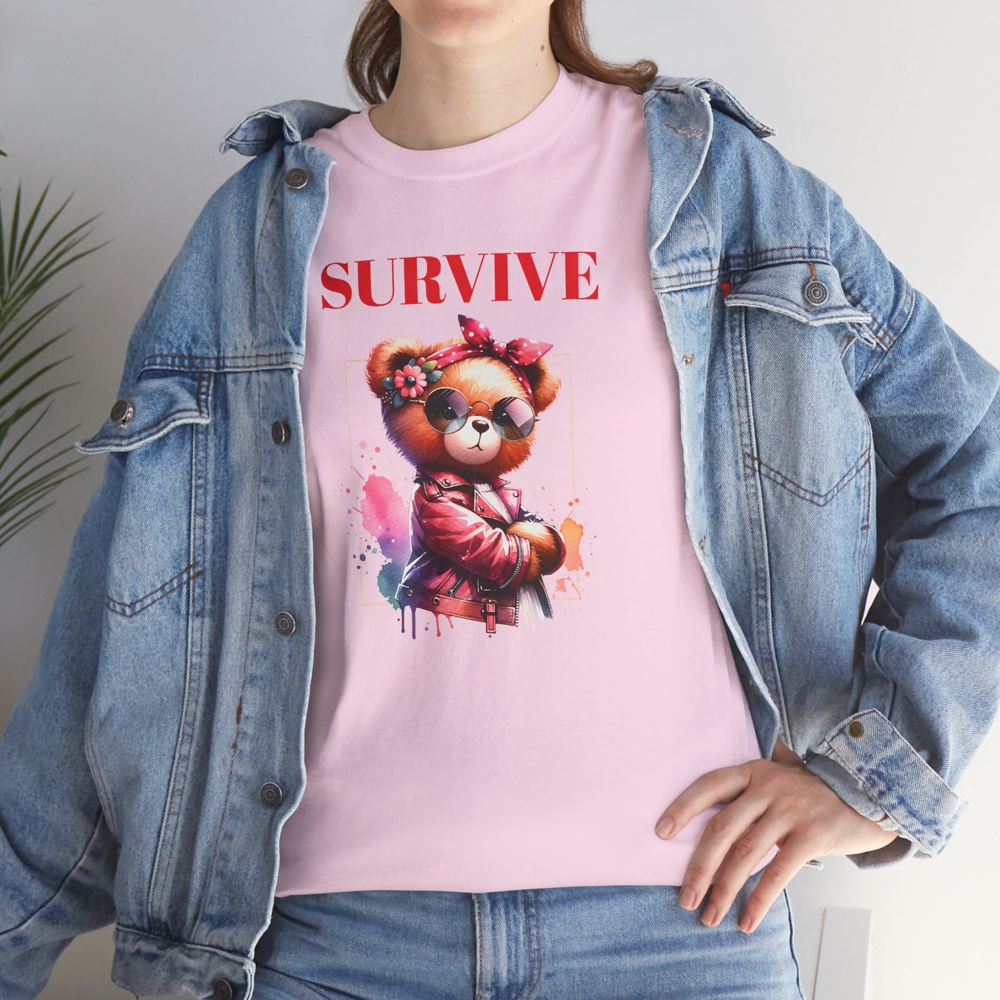 Princess Grace Survive Bear Unisex Heavy Cotton Tee Trendy Graphic T-Shirt for Casual Style