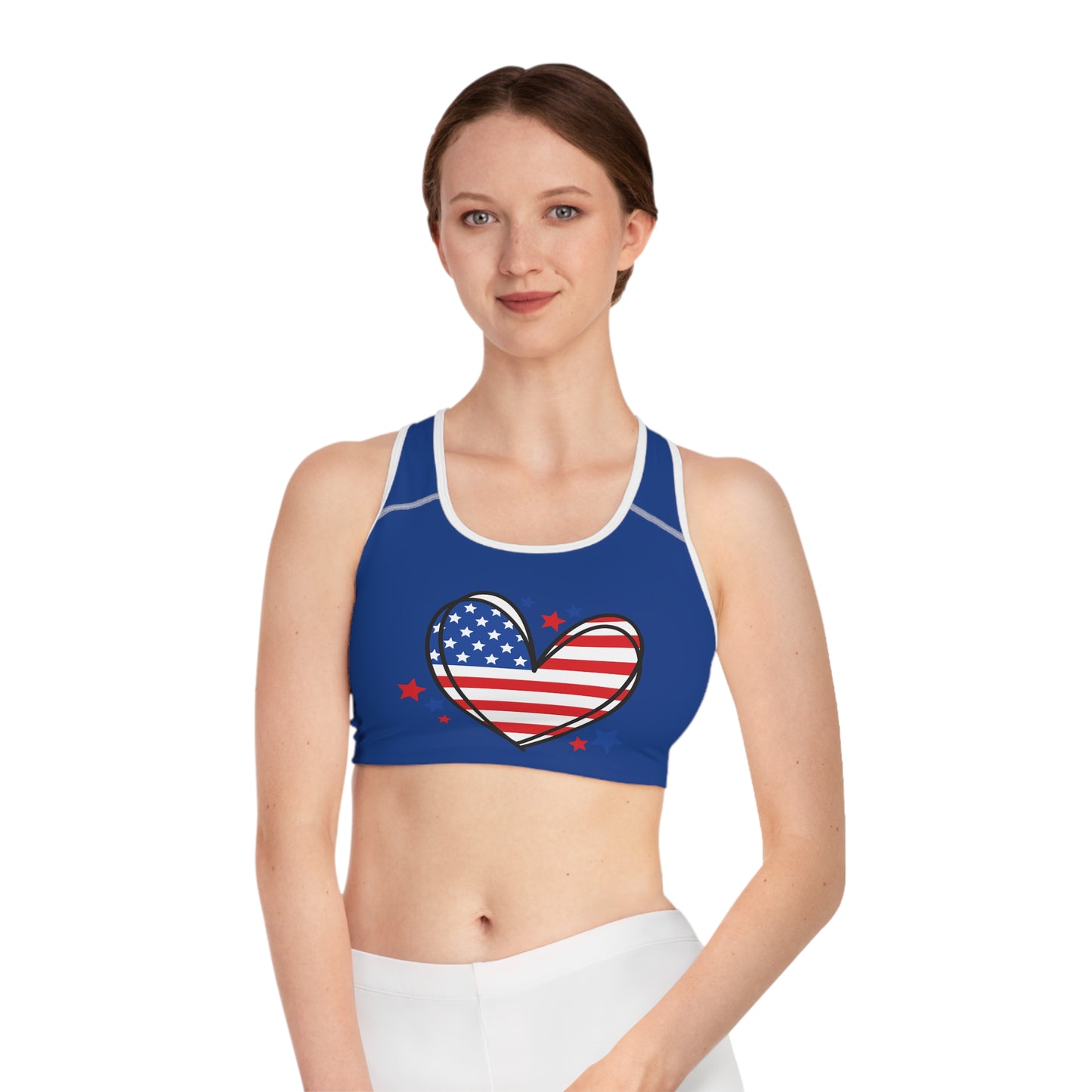 Princess Grace Patriotic Heart Sports Bra USA Flag Design for Activewear