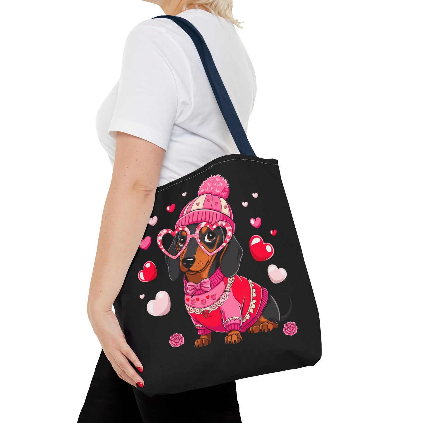 Princess Grace Cute Dog Lover Tote Bag Adorable Valentines Gift with Heart and Pink Sweater Design