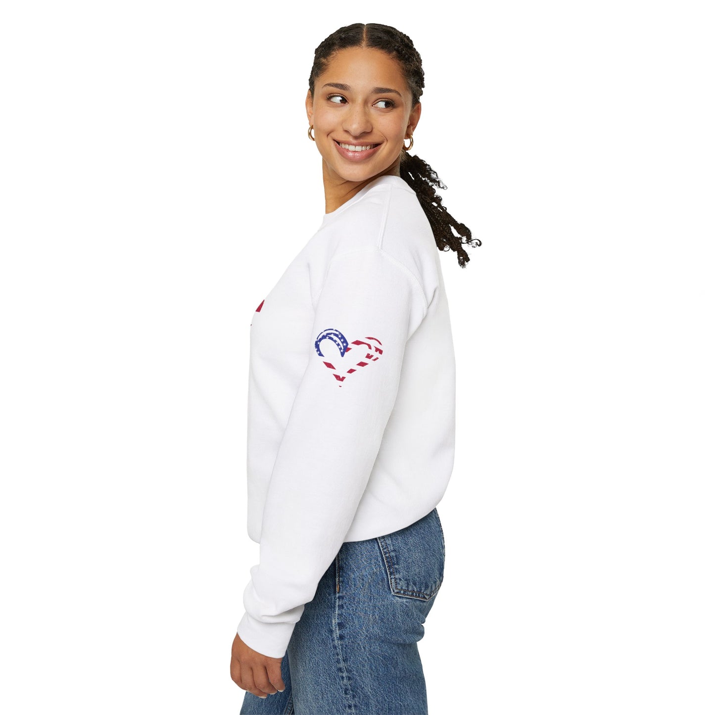 Princess Grace Patriotic Heart Sweatshirt Unisex Heavy Blend Crewneck with Candy Cane Design