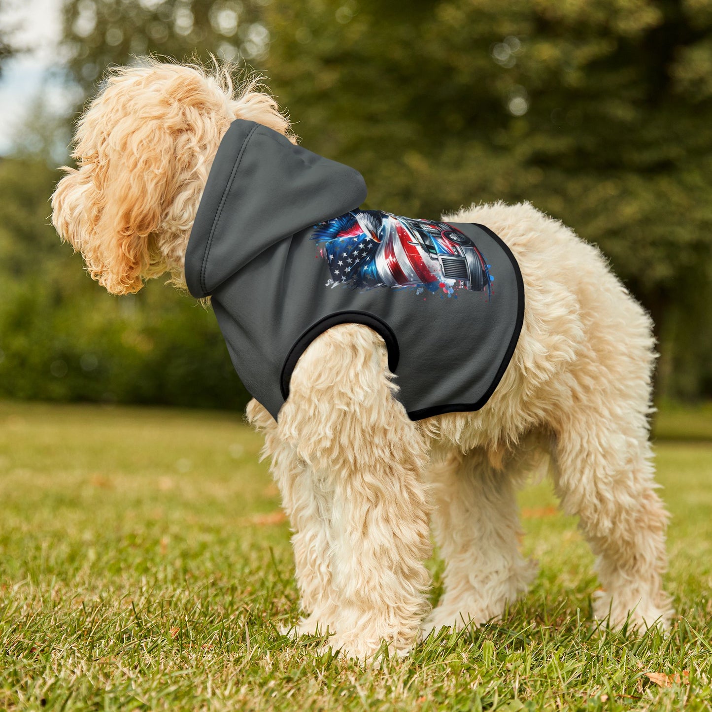 Princess Grace Patriotic Truck Pet Hoodie Cozy Dog Apparel for Celebrating Holidays