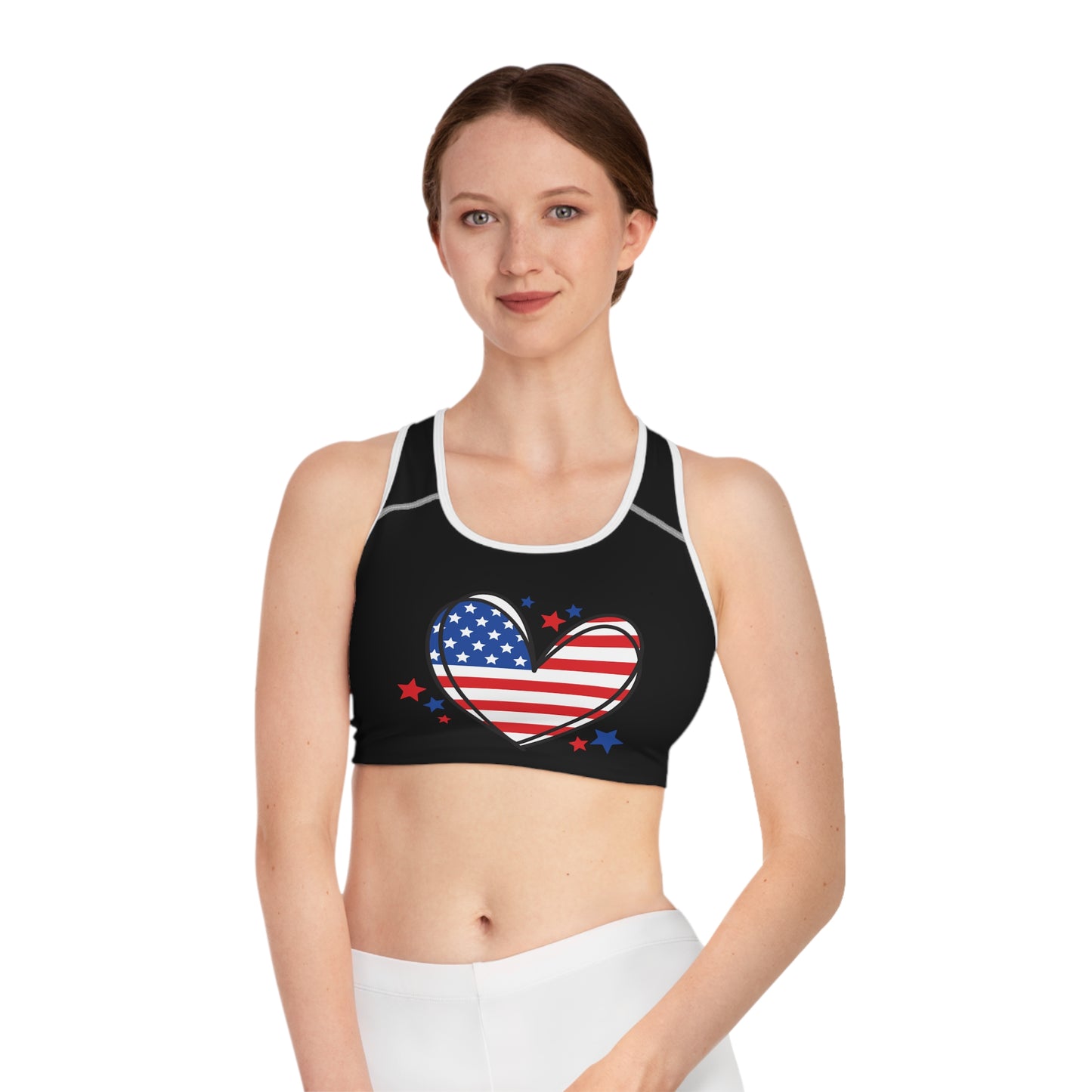 Princess Grace Patriotic Heart Sports Bra Perfect for Active Americans