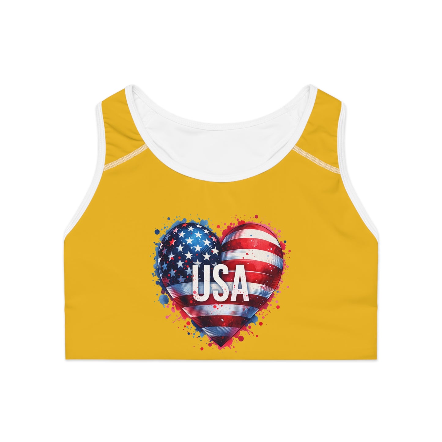 Princess Grace USA Heart Sports Bra Yellow Activewear for Patriotic Fitness Enthusiasts