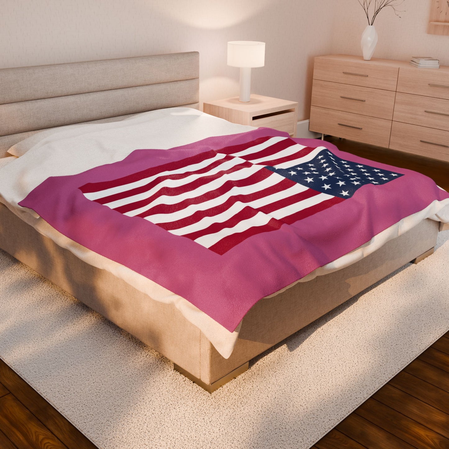 Princess Grace Cozy USA Flag Velveteen Plush Blanket Pink and White