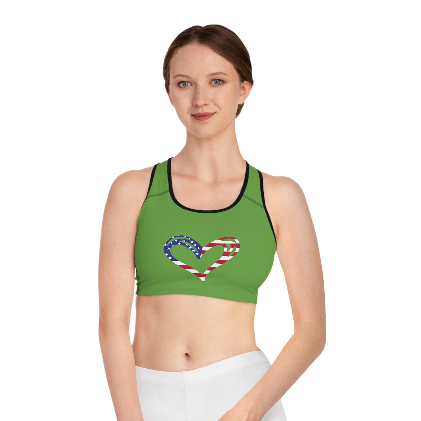 Princess Grace Patriotic Heart Sports Bra USA Flag Design for Activewear