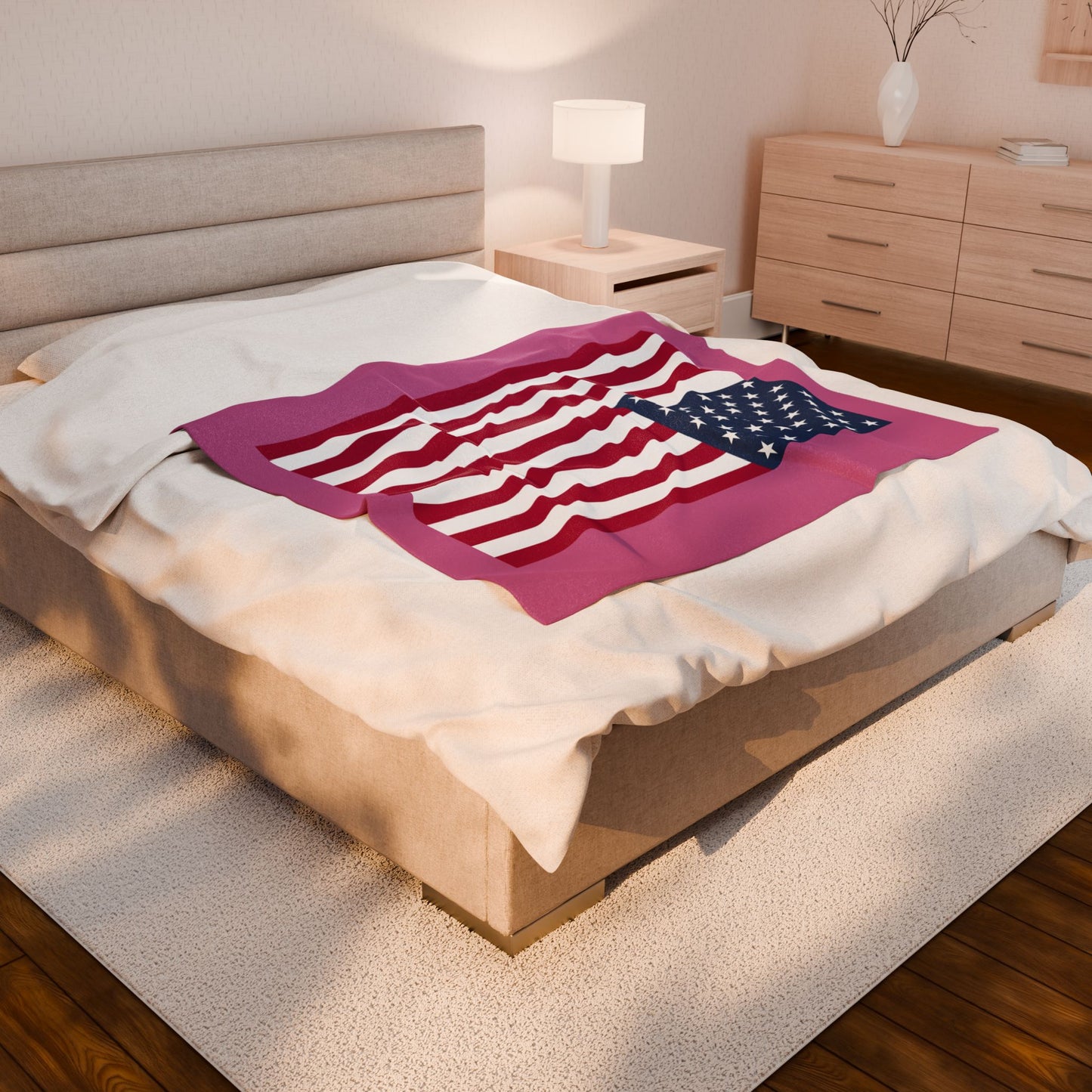 Princess Grace Cozy USA Flag Velveteen Plush Blanket Pink and White