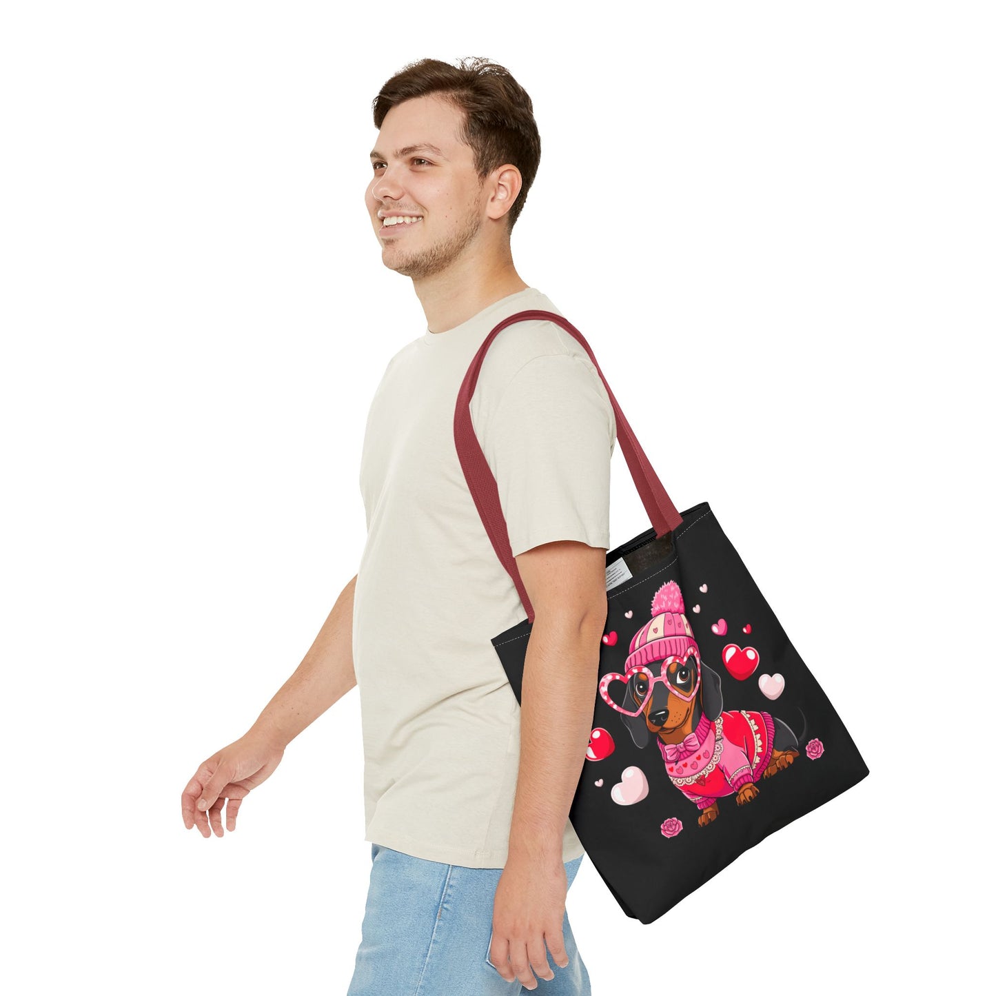 Princess Grace Cute Dog Lover Tote Bag Adorable Valentines Gift with Heart and Pink Sweater Design
