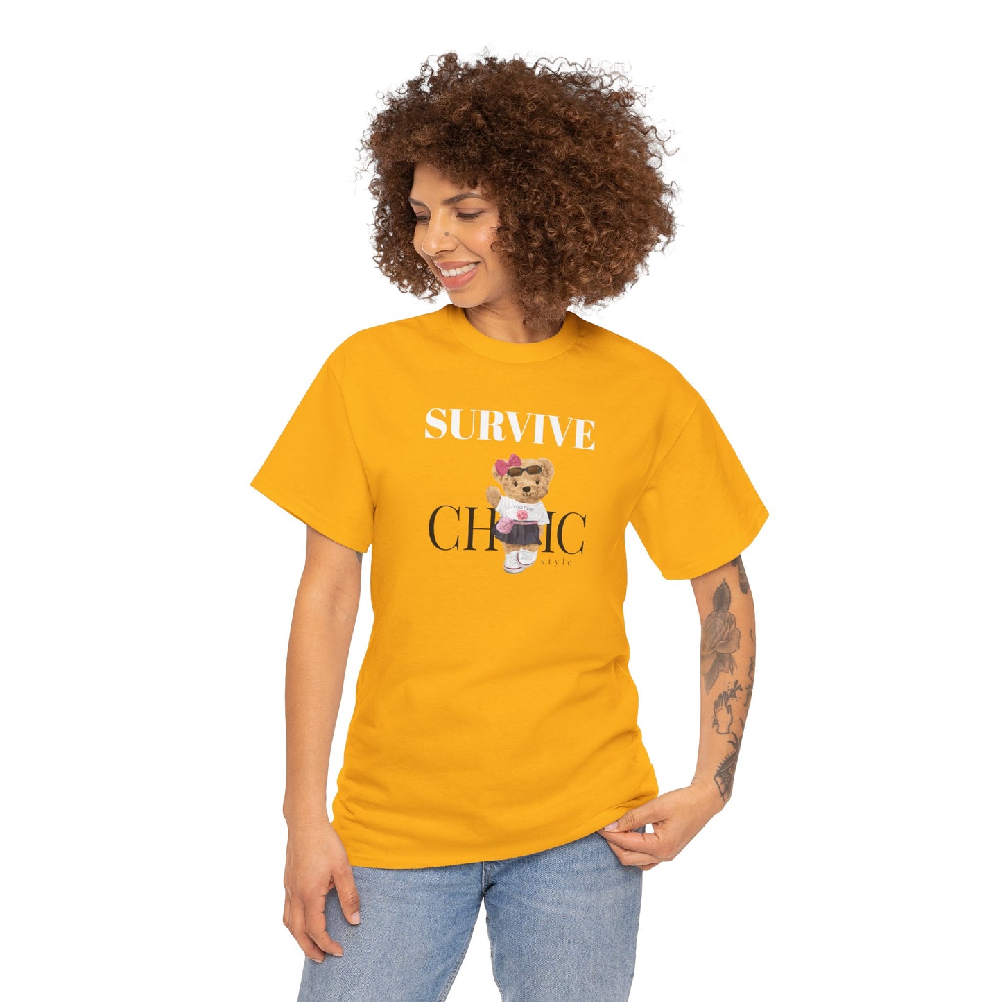 Princess Grace Survive Chic Unisex Heavy Cotton Tee Cute Bear Graphic T-Shirt for Casual Style