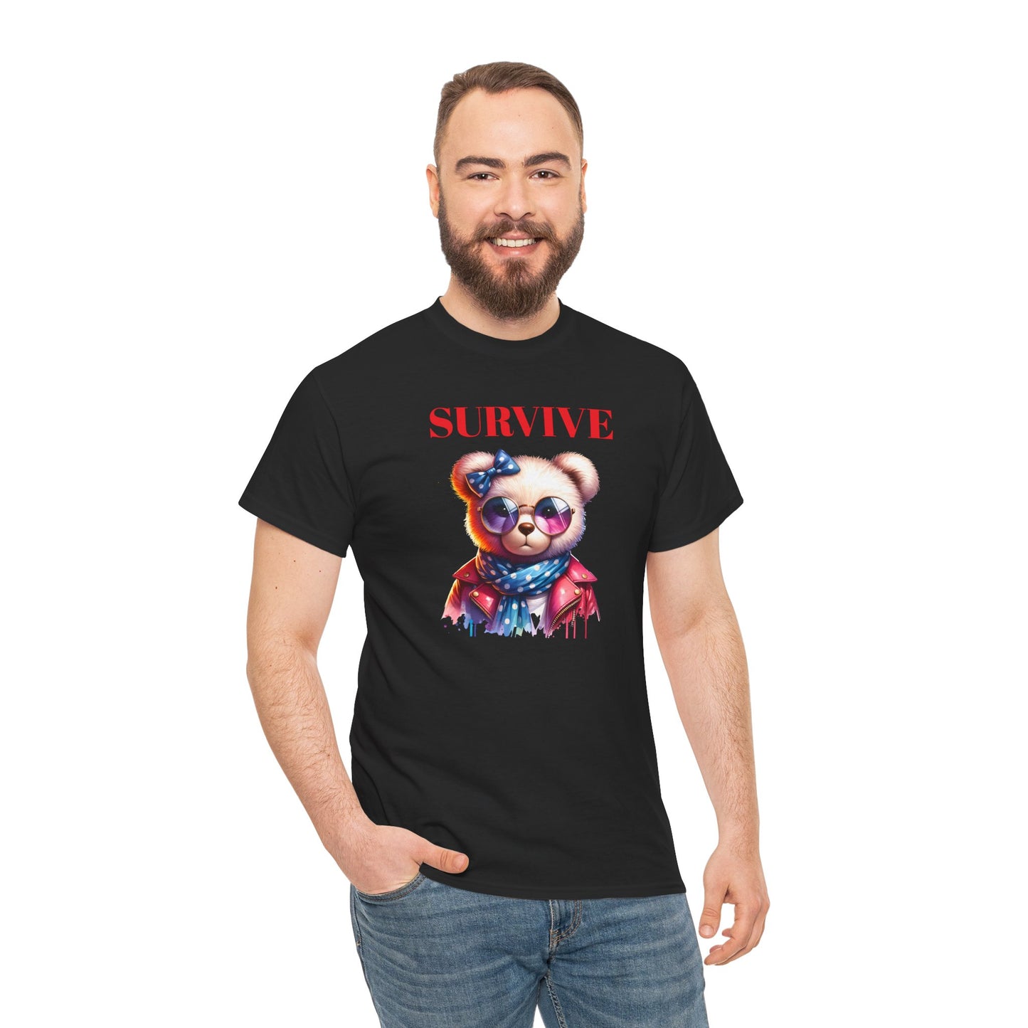 Princess Grace Survive Bear Unisex Heavy Cotton Tee Trendy Graphic Shirt for Casual Wear