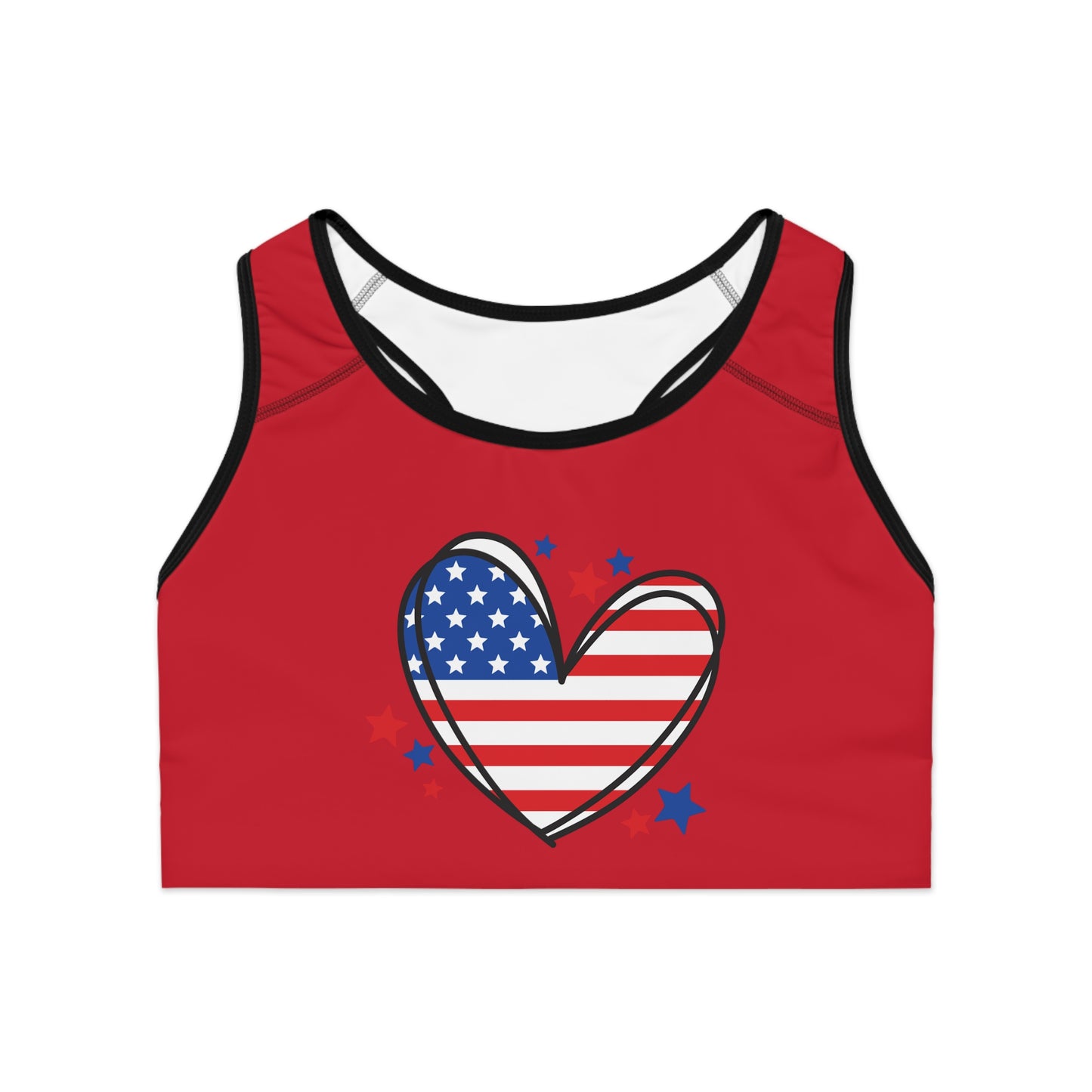 Princess Grace  Patriotic Love Sports Bra  Red Star-Heart Pattern for Active Lifestyle