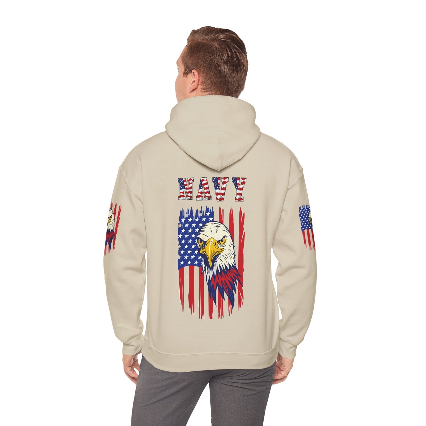 Princess Grace  Patriotic Eagle Navy Hoodie Unisex Heavy Blend Sweatshirt with Flags